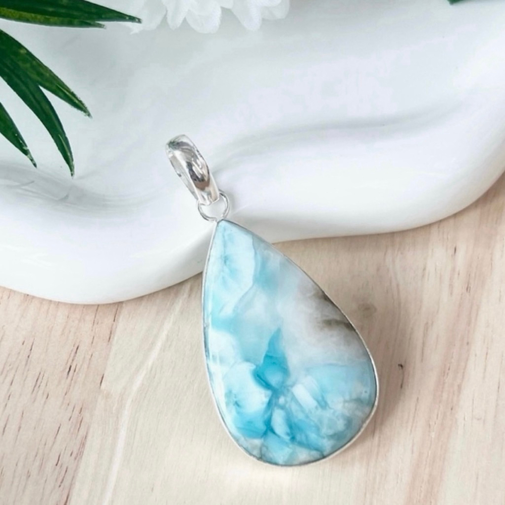 Top Quality Larimar Pendant Pure Sterling Silver 925 Large Contemporary New